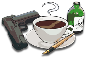 Picture of a gun, a pen and a poisoned cup of tea